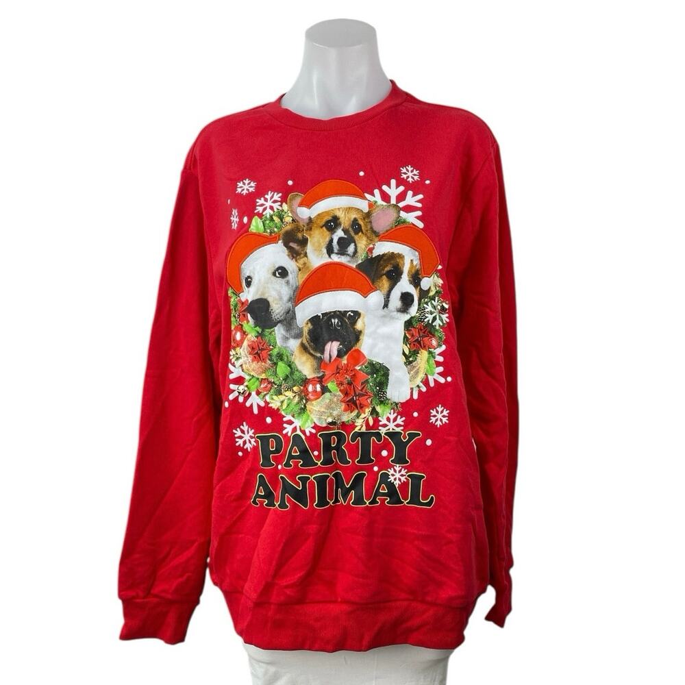 NEW Well Worn LA Women's Red Party Animal Dog Christmas Sweatshirt Top Size L